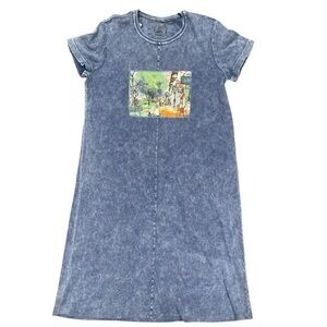 Michael Leu Art Street Scene Graphic T-Shirt Maxi Dress Blue Large